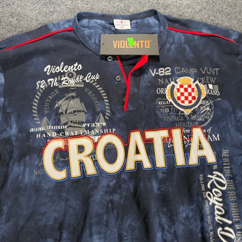 Violento Croatia Graphic T Shirt Tie Dye Henley Royal Cup Crest 5XL Blue Mens
